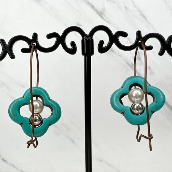 Faux Pearl Faux Turquoise Flower Drop Earrings Pierced Pair - Picture 4 of 4